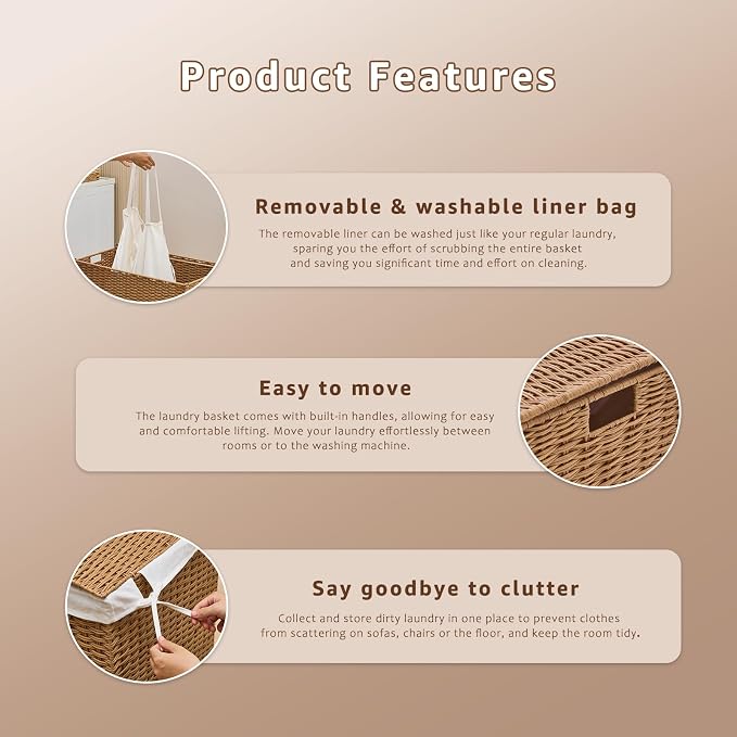 Laundry Hamper with Lid and Removable Liner Bag, Handwoven Rattan Clothes - Image 2
