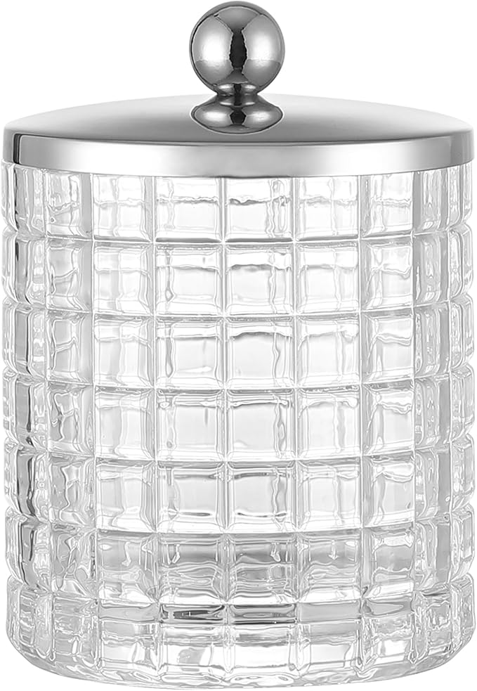 Glass Cotton Jar Holder Silver Lid, Elegant Bathroom Storage Canister by IndecorHome