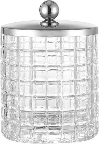 Glass Cotton Jar Holder Silver Lid, Elegant Bathroom Storage Canister by IndecorHome