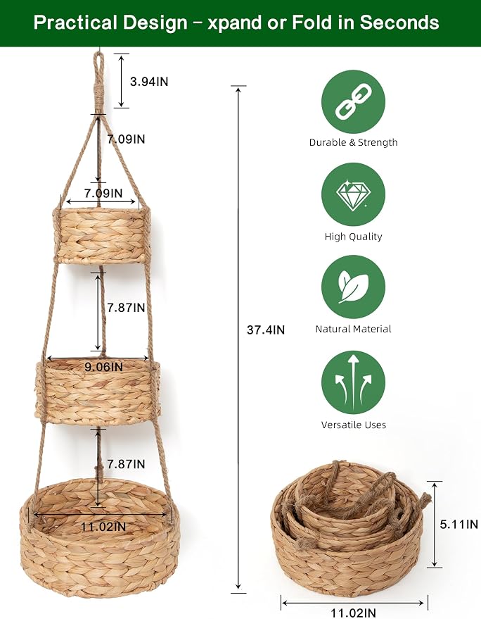 VerdantVibes Woven Wall Hanging Basket – 3-Tier Natural Water-Hyacinth Organizer - Image 2