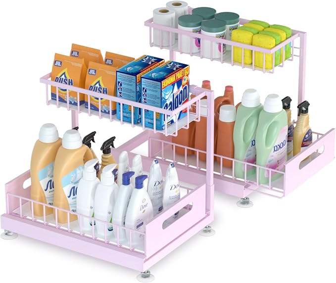 2 Pack Under Sink Organizer Storage 2-Tier Premium Metal Pull-Out Racks by Saydear