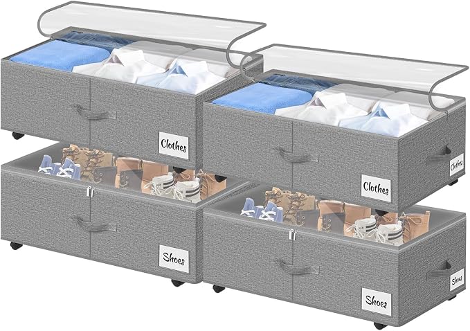 Under Bed Storage with Wheels, Quick Assembly Underbed Shoe Storage Containers by KUKIKAN