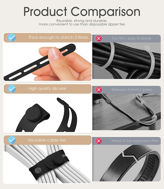 20Pcs Nearockle Silicone Cable Ties, 5.12 Inch Adjustable Cord Organizer - Image 3