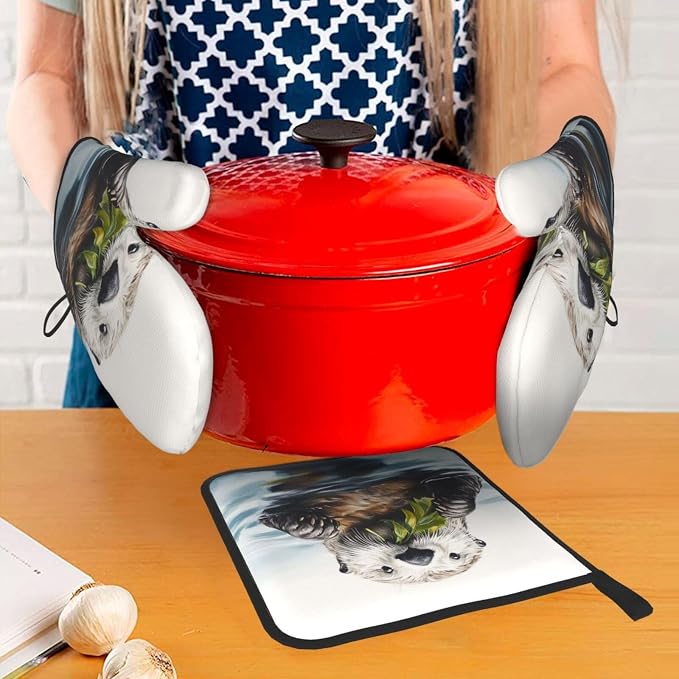 Oven Mitts and Pot Holders Sets of 3 Sea Otter Oven Mitts 3 Pcs Heat Resistant - Image 6