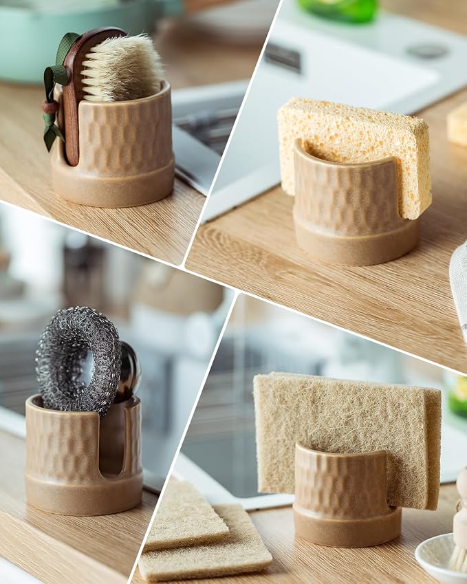 Sponge Holder for Kitchen Sink, Ceramic Sink Caddy Scrub Sponge Tray Dish Rack - Image 6