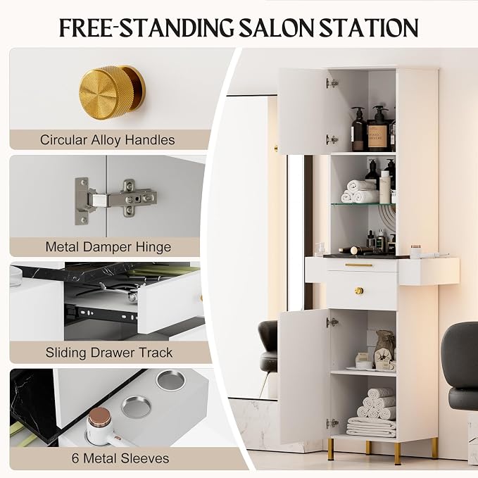 Salon Stations for Hair Stylist, Barber Station w/Glass Shelf & Golden Handles - Image 7