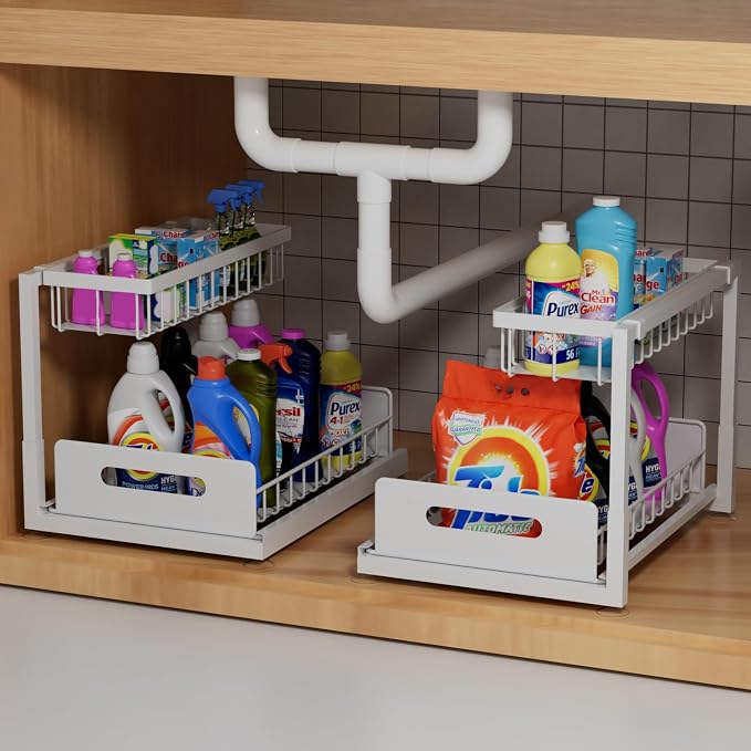 2-Tier Under Sink Slide Out Organizer, 2 Pack Pull Out Cabinet Storage Shelf by Lxmons