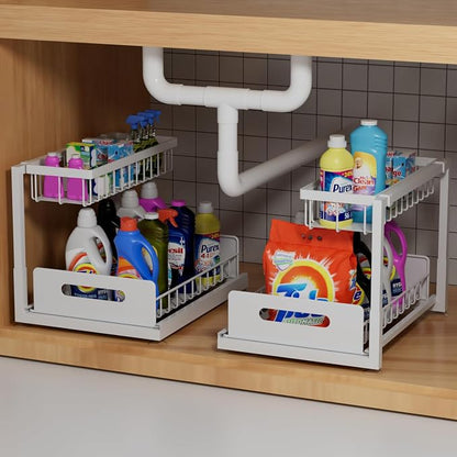2-Tier Under Sink Slide Out Organizer, 2 Pack Pull Out Cabinet Storage Shelf by Lxmons