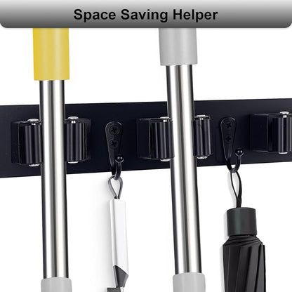 Broom Holder Wall Mount With 5 Slots & 4 Hooks，Rustic Wood Broom & Mop - Image 3