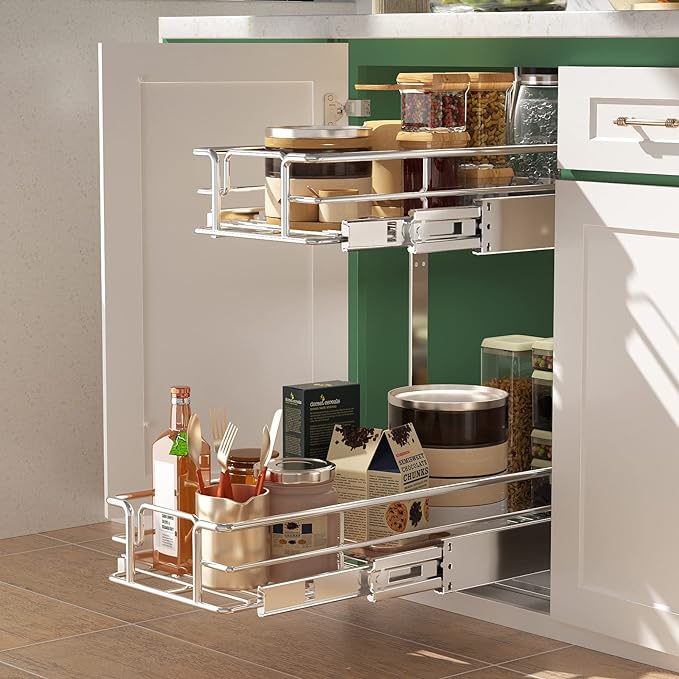 LOVMOR 2 Tier Individual Pull Out Cabinet Organizer 7½" W x 21½" D, Slide Out - Image 2