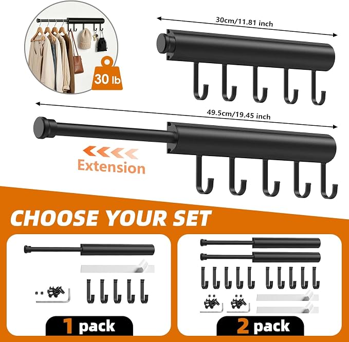 12 Inch Valet Rod for Closet Pull Out Heavy Duty Retractable Slide Out Closet - Image 2