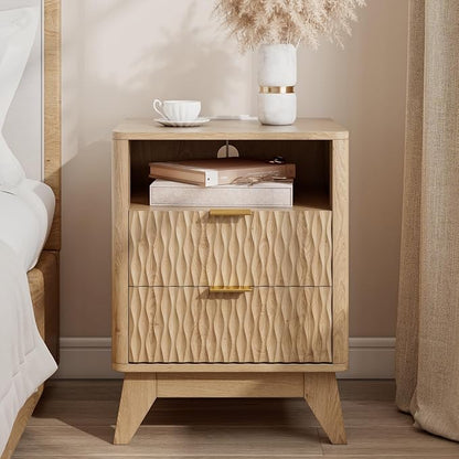 Fluted Nightstand with Charging Station, Bedside Table by COODAY