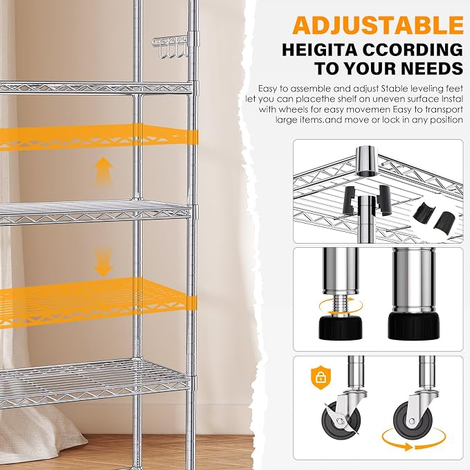 YNN Storage Shelves, 6000Lbs 6 Tier Heavy Duty Metal Rolling Shelving Unit - Image 7