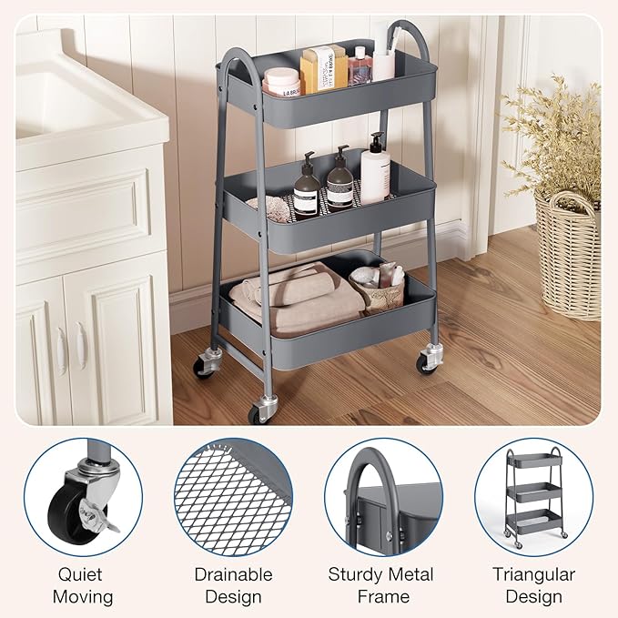 OLIXIS Metal Utility Cart, Mobile Rolling Storage Shelf - Image 2