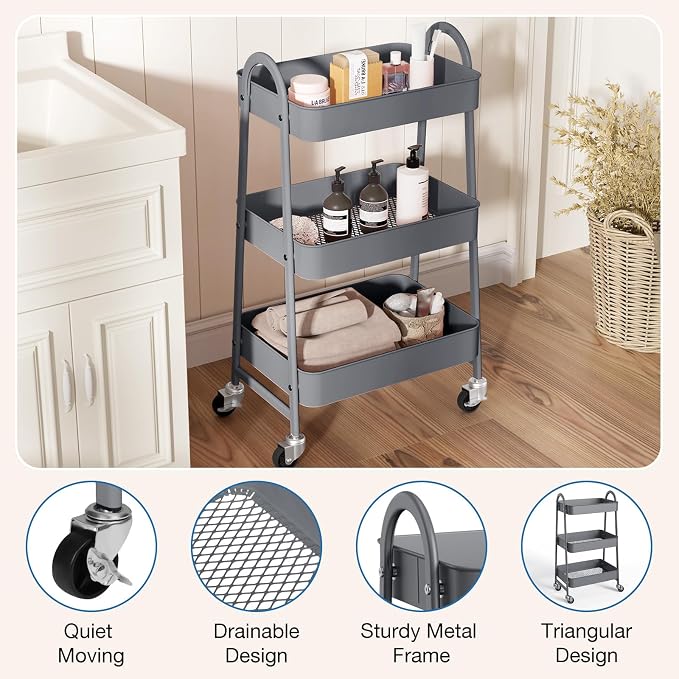 OLIXIS Metal 3 Tiers Utility Rolling Cart, Mobile Storage Shelf - Image 3