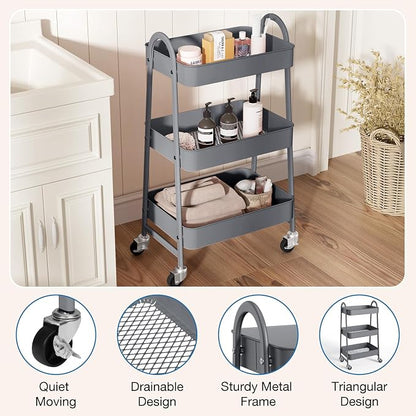 OLIXIS Metal 3 Tiers Utility Rolling Cart, Mobile Storage Shelf - Image 3