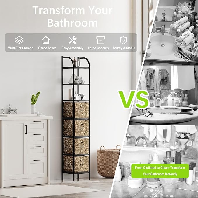 Zhongma Bathroom Storage Tower, 7-Tier Narrow Bookcase w/Baskets - Image 5