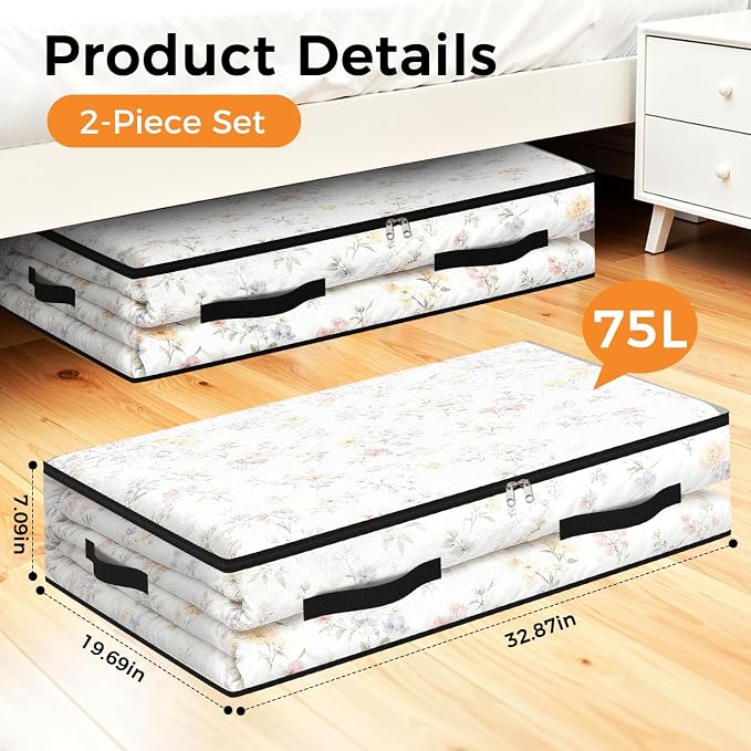 2 Pack Under Bed Storage Bags, 75L Foldable Clear Storage Containers - Image 2