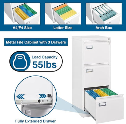 3-Drawer File Cabinet with Lock, 16.3" Deep Vertical Filing Cabinets, Metal - Image 4
