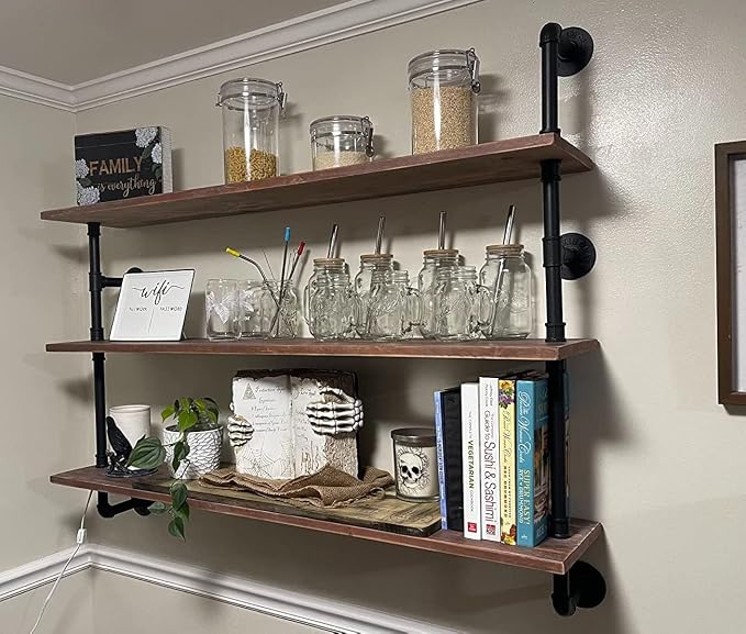 HDDFER Industrial Pipe Floating Shelves, 48 Inch Rustic Wood Wall Shelf | Real by industrialpipeshelving