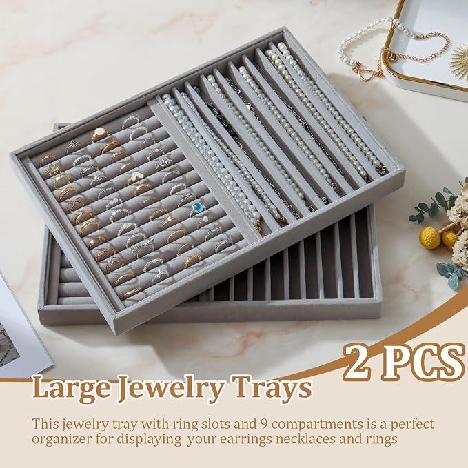 Large Velvet Jewelry Tray 2 Pack Stackable Jewelry Display Drawer Inserts Trays - Image 2