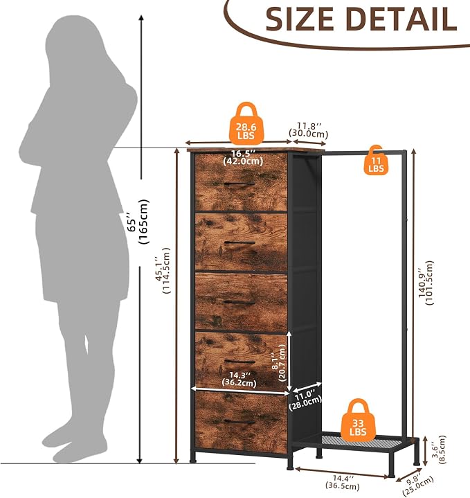 Somdot Dresser with Hanging Rack, 5 Drawers Small Closet - Image 3