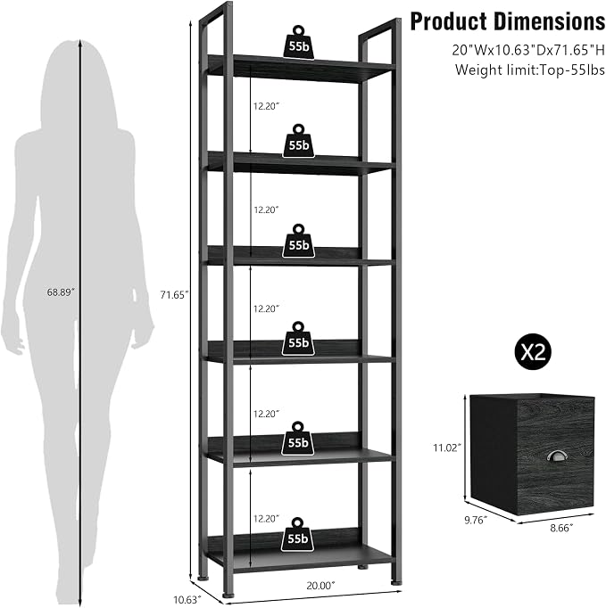 Furologee 6-Tier Bookshelf Set of 2, Tall Bookcase - Image 3