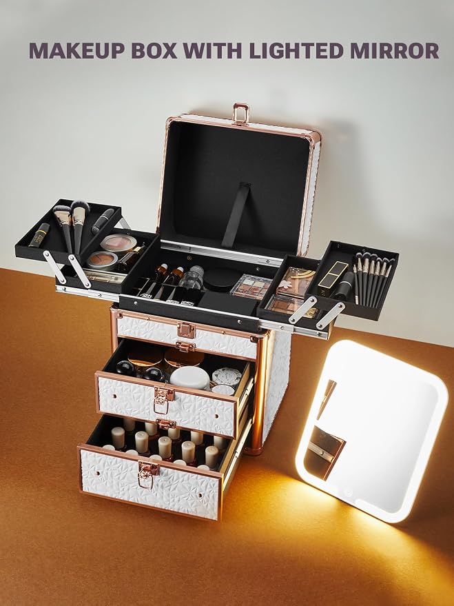 Qislee Makeup Box with Double Drawers and Four Trays, A Detachable Lighted - Image 7