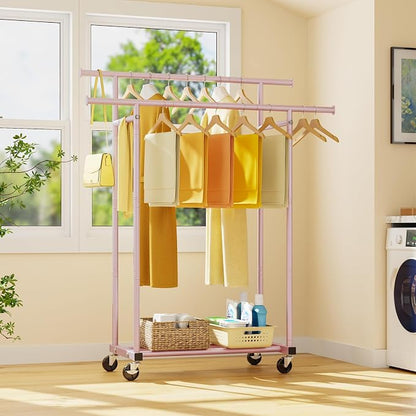 HYSEYY Double Rods Clothes Rack, Sturdy Rolling Clothing Rack, Portable - Image 9