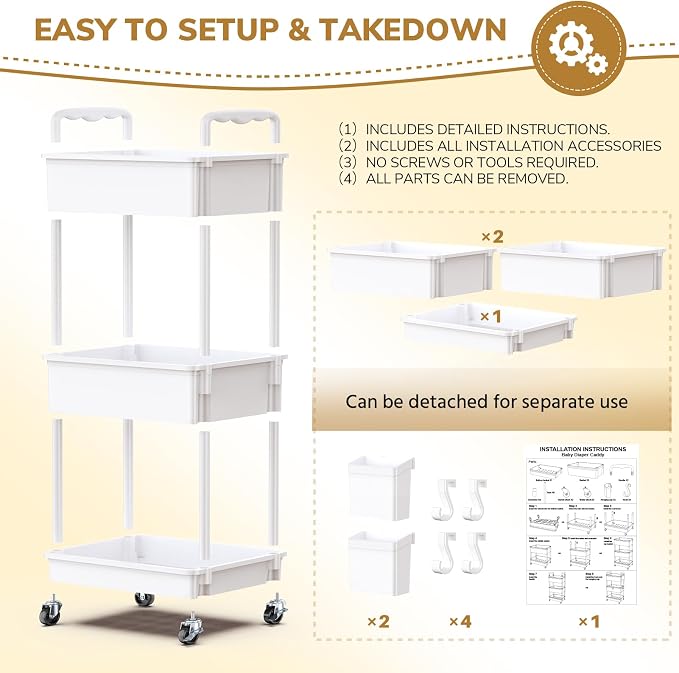 Goovilla Diaper Cart with Lockable Wheels and Easy Assembly, 3 Tier White - Image 6