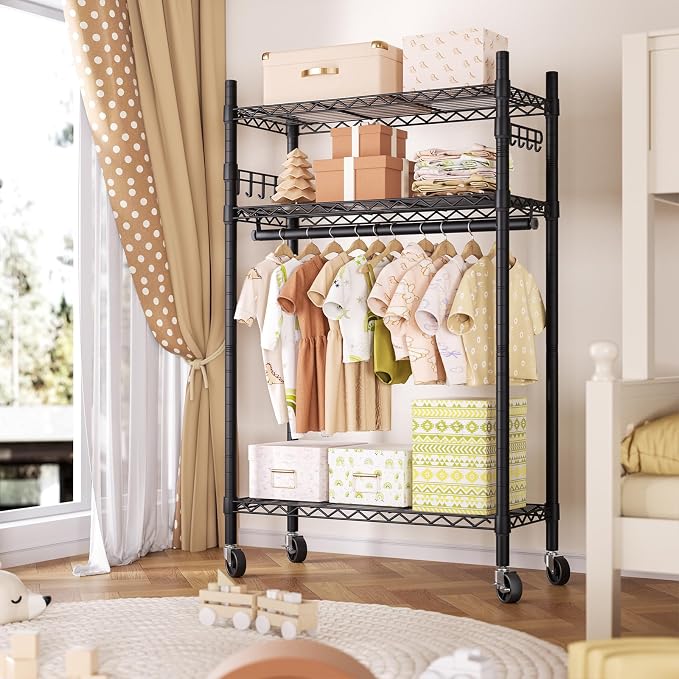Heavy Duty Clothes Rack Rolling Garment Rack, 3 Tier Adjustable Wire Shelving - Image 6