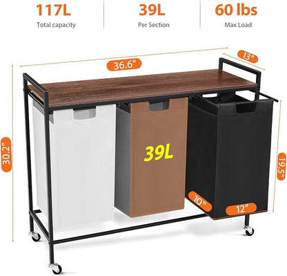 Laundry Sorter 3 Section, Rolling Laundry Hamper - Image 2