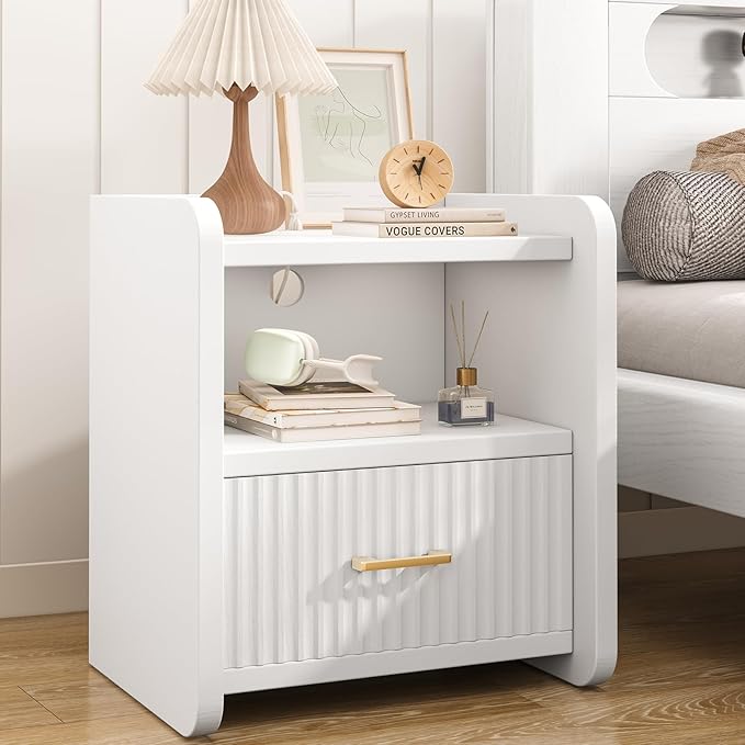 Night Stand with Charger Station, Fluted Wood Nightstand with Drawer Storage by Curlaky