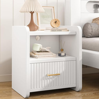 Night Stand with Charger Station, Fluted Wood Nightstand with Drawer Storage by Curlaky