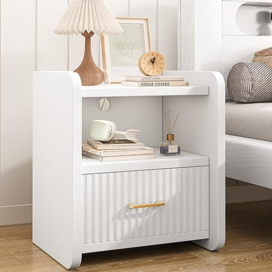 Night Stand with Charger Station, Fluted Wood Nightstand with Drawer Storage by Curlaky