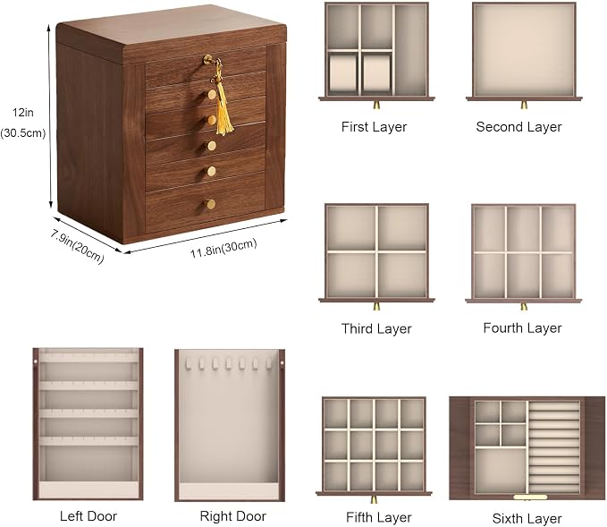 CHOSIN Black Walnut Wooden Jewelry Box, 6-Layer Lockable Wood Jewelry Organizer - Image 3