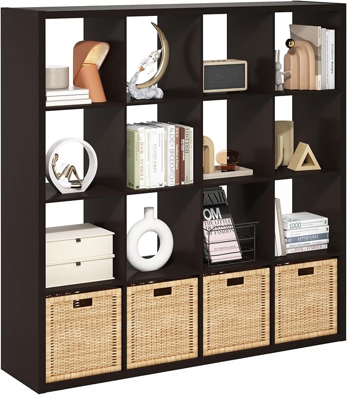 Furinno Cubicle 16-Cube Book Shelf, Extra Thick Frame Bookshelf, Dark Oak | by Furinno-FitsYourSpaceFitsYourBudget