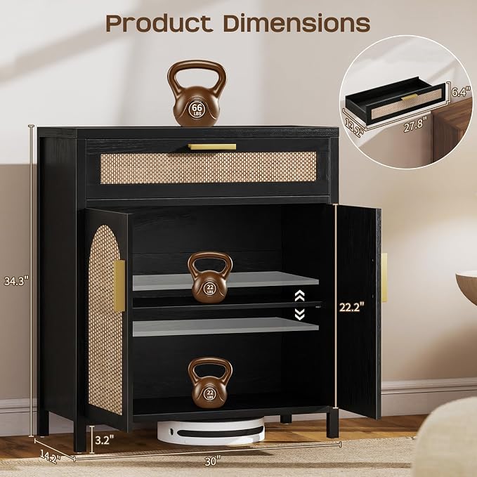 Rattan Buffet Cabinet with Storage Set of 2, Sideboard Cabinet with Doors and - Image 2