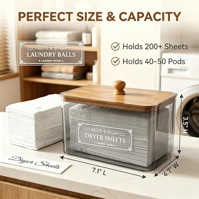 Dryer Sheet Holder with Bamboo Lid, Acrylic Laundry Clear Dryer Sheets - Image 3