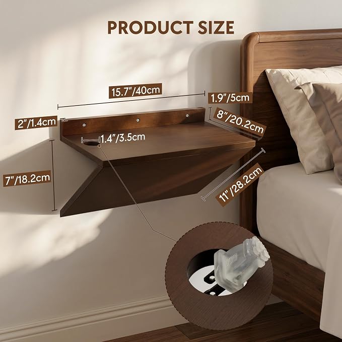 Floating Nightstands Set of 2, Wall Mounted Night Stand Walnut Wooden Bedside - Image 2
