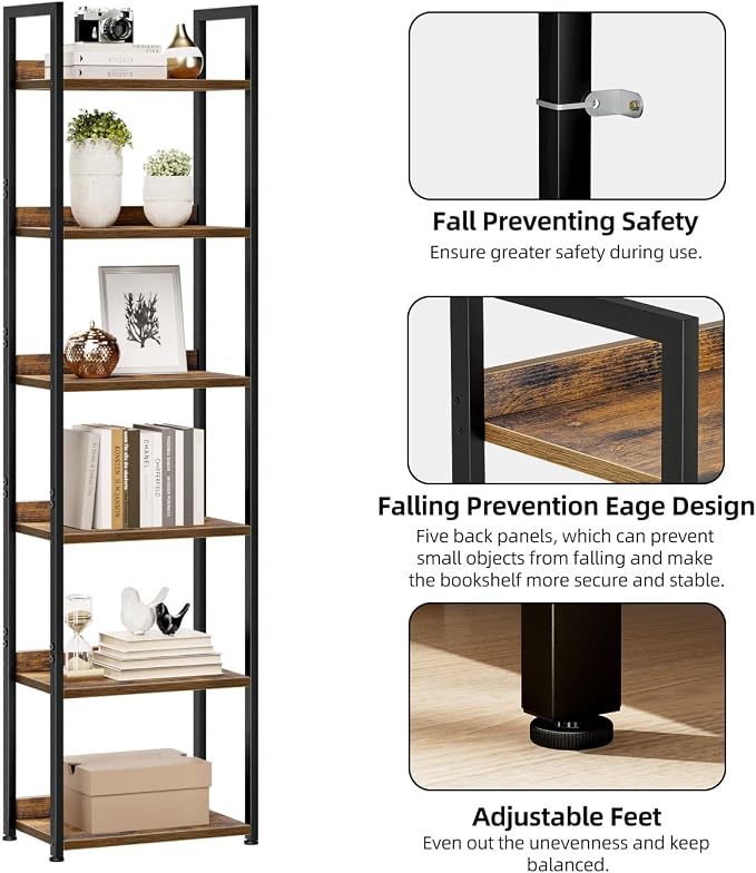 NUMENN Narrow Bookshelf, 6 Tier Freestanding Shelving Unit, Vintage | Metal - Image 5