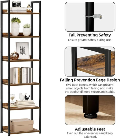 NUMENN Narrow Bookshelf, 6 Tier Freestanding Shelving Unit, Vintage | Metal - Image 5