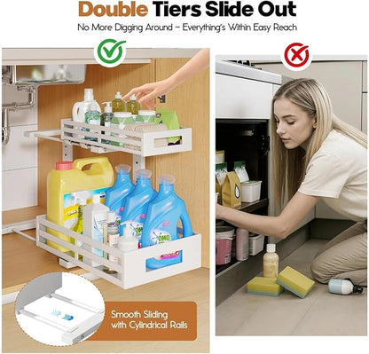 L-Shaped Metal Under Sink Organizer, 2-Tier Double Pull-Out Cabinet Organizer - Image 3
