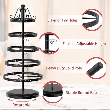 MODOWEY 5 Tiers Metal Rotating Earring Holder Organizer Tree Display, Round | - Image 3