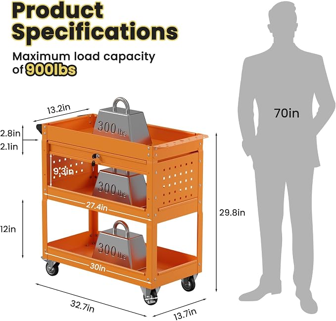 Heavy Duty 3 Tier Tool Cart, Mechanic Metal Rolling Tool Cart - Image 7
