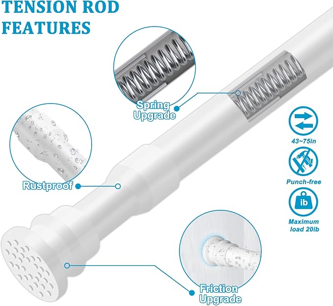 Spring Tension Curtain Rod 43-75 Inches White, Adjustable Extension Shower - Image 2
