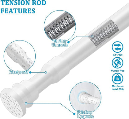 Spring Tension Curtain Rod 43-75 Inches White, Adjustable Extension Shower - Image 2