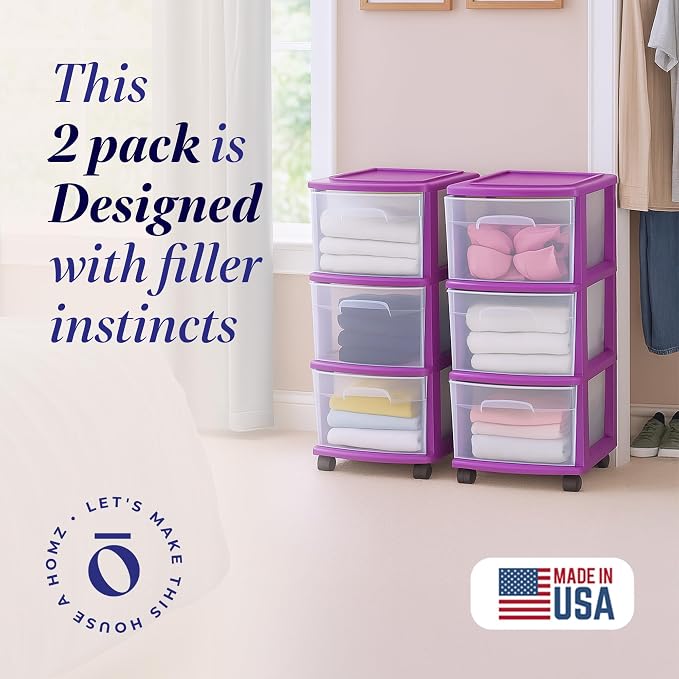 HOMZ 2-Pack Drawer Tower, 3-Tier Clear Plastic Storage Organizer Cart, and - Image 4