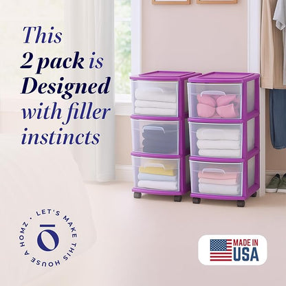 HOMZ 2-Pack Drawer Tower, 3-Tier Clear Plastic Storage Organizer Cart, and - Image 4