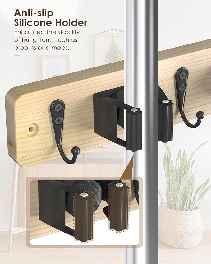 Broom Holder Wall Mounted, Light Wood 4 Holders and 4 Hooks Mop Holder - Image 3